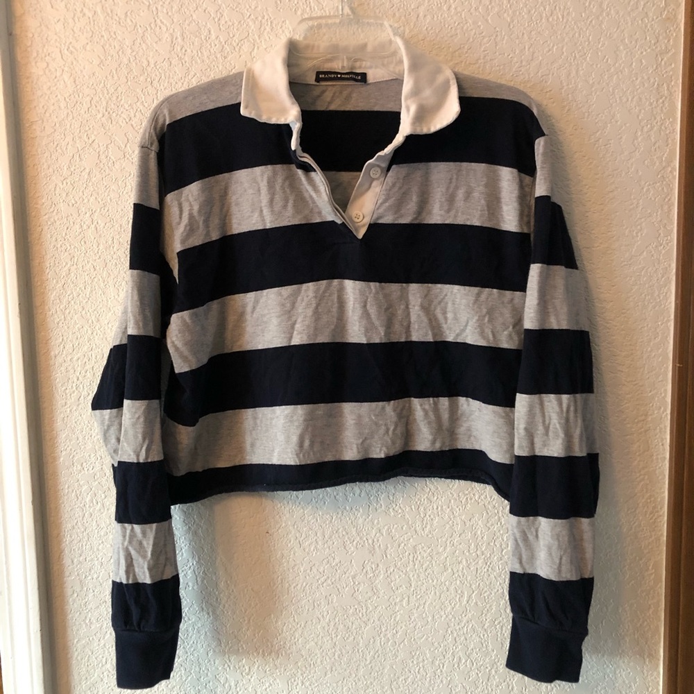 Brandy Melville blue and grey collar long sleeve crop top
